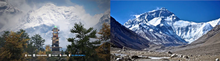 Todo o jogo está cercado por montanhas de gelo, claramente uma referência ao Monte Everest, que tem um de seus acessos pelo Tibete.