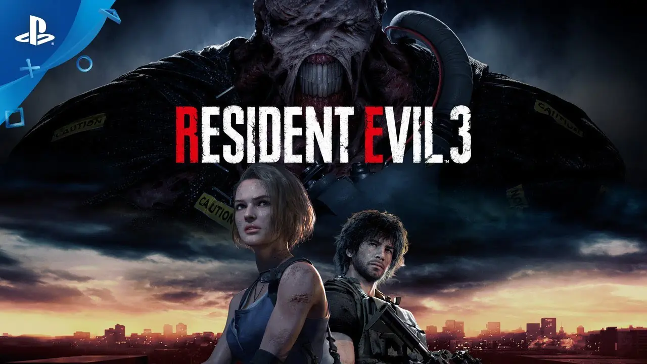 Imagem de capa de Resident Evil 3, incluindo Jill Valentine, Carlos Oliveira e Nemesis