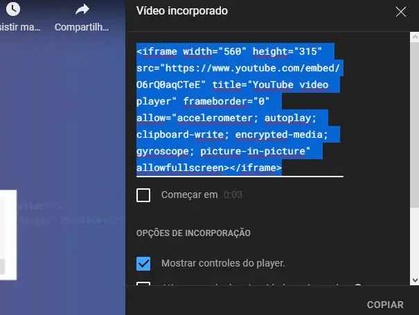 Código de incorporação de vídeo do Youtube.