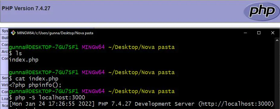 Iniciando um servidor PHP no terminal Bash.