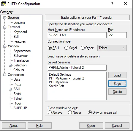 Inserindo infomações da sessão no PuTTY para acesso ao PHPMyAdmin